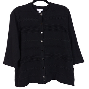 Charter Club Woman Black Crochet Textured Short Sleeve Button Up Cardigan Top